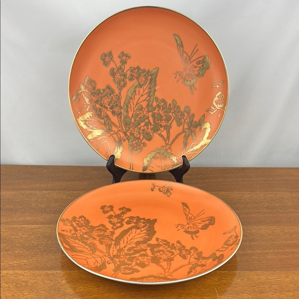 Vintage Dorothy Thorpe 1960s persimmon and gold butterfly dinner plates pair